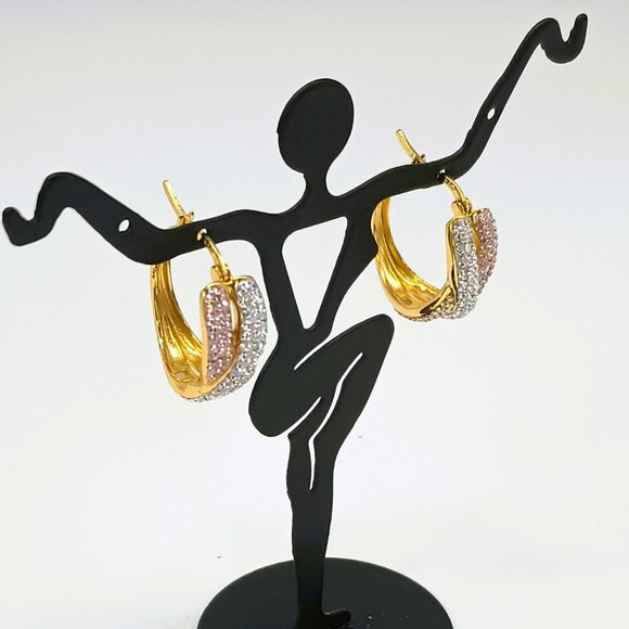 925 Pave Twisted Hoop Earrings Gold over Sterling Silver Pierced - Picture 6 of 13